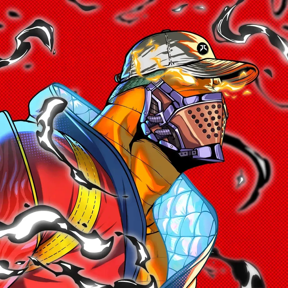 Jirasan character in a duck-billed mask