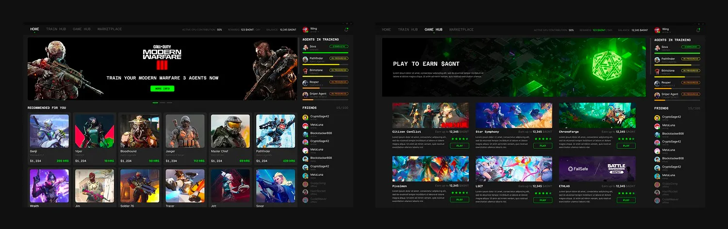 iAGENT game hub and play-to-earn screens