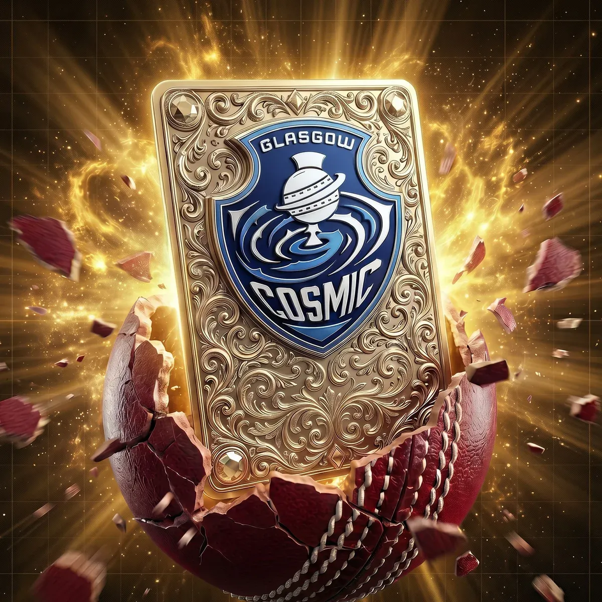 Glasgow Cosmic gold card bursting out of a cricket ball, ready to claim