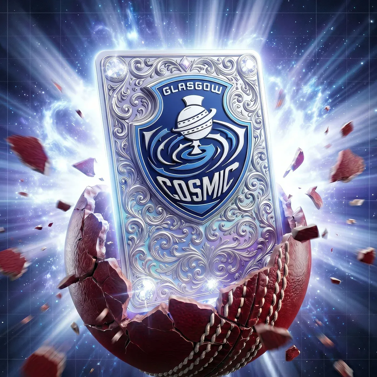 Glasgow Cosmic platinum card bursting out of a cricket ball, ready to claim