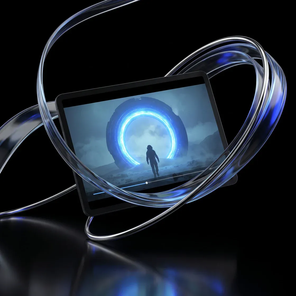 A tablet playing a film still of a figure walking towards a glowing blue portal, wrapped in glass ribbons