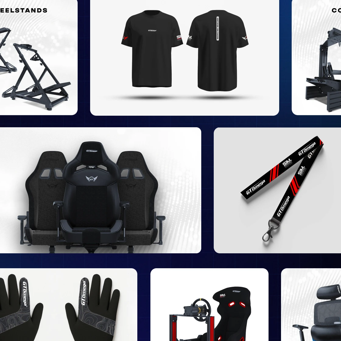 GT Omega brand collateral: apparel, gaming chairs and lanyard