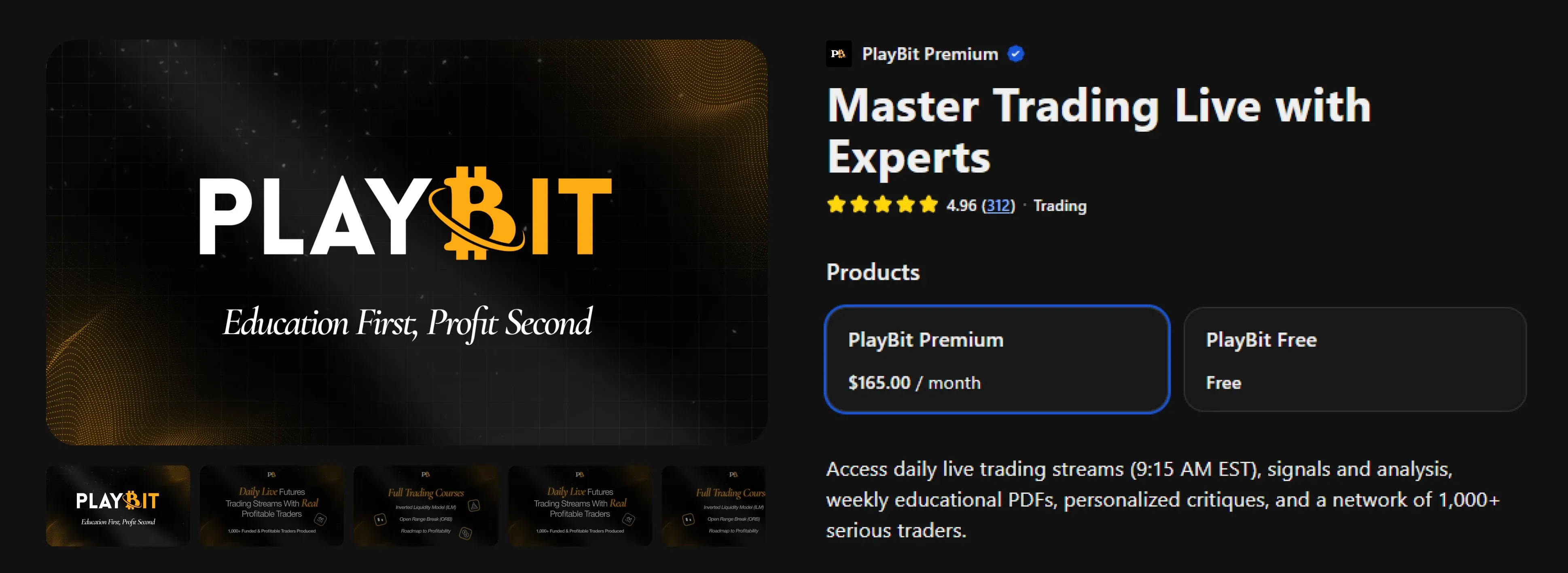 Playbit Premium product page on Whop with the gallery on the left